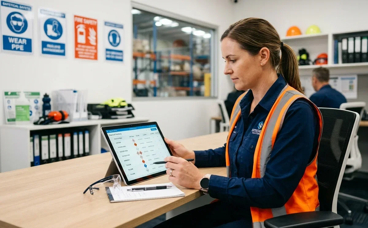 Fachkraft prüft digitales Gefahrstoffverzeichnis auf Tablet am Arbeitsplatz