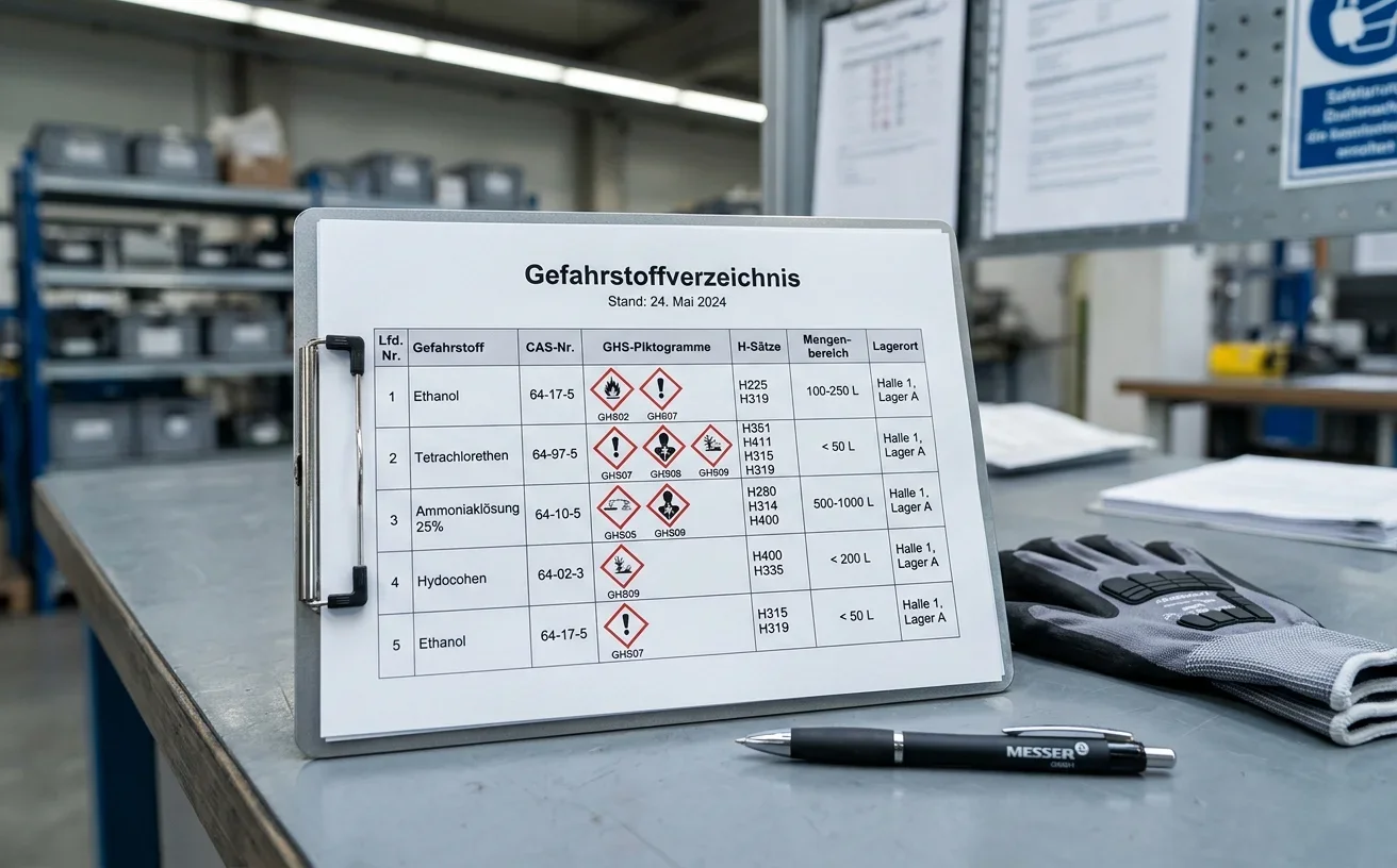Ausgefülltes Gefahrstoffverzeichnis auf Klemmbrett mit GHS-Piktogrammen und H-Sätzen
