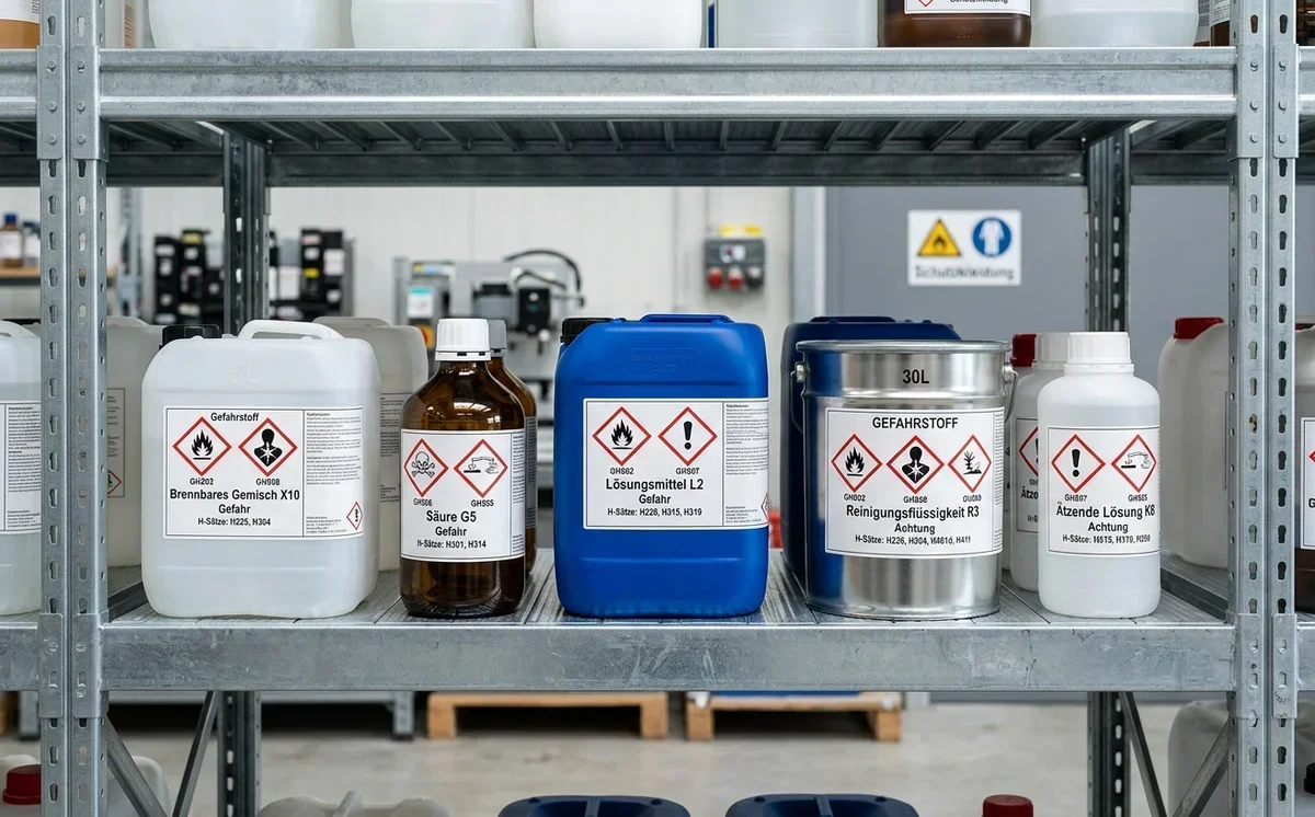 Chemikalienbehälter mit roten GHS-Gefahrenpiktogrammen in einem industriellen Gefahrstofflager