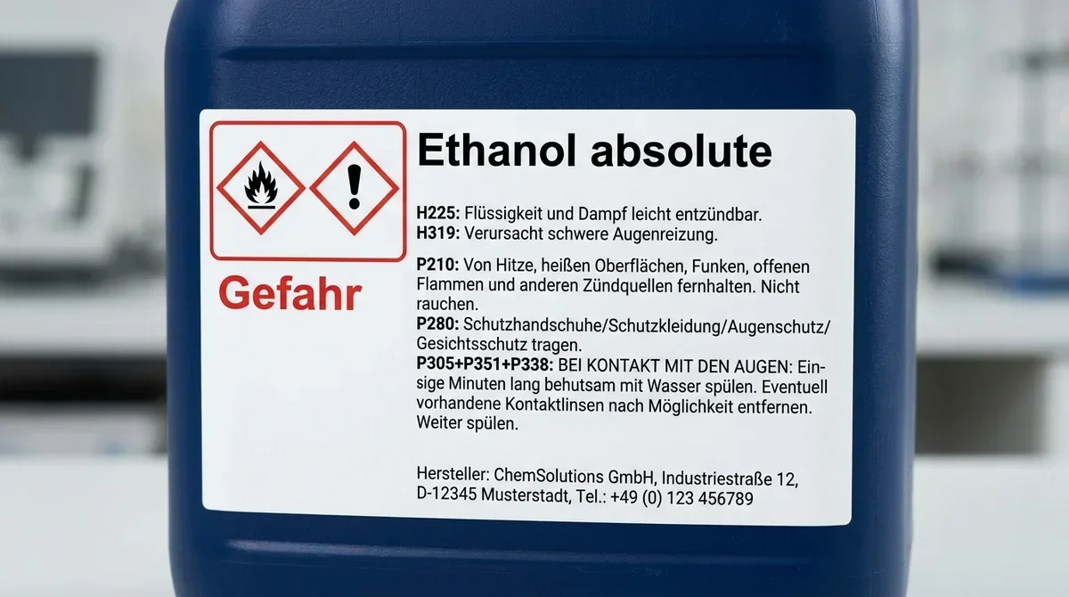 Nahaufnahme eines korrekt gekennzeichneten Gefahrstoff-Etiketts mit GHS-Piktogrammen, H-Sätzen und Signalwort