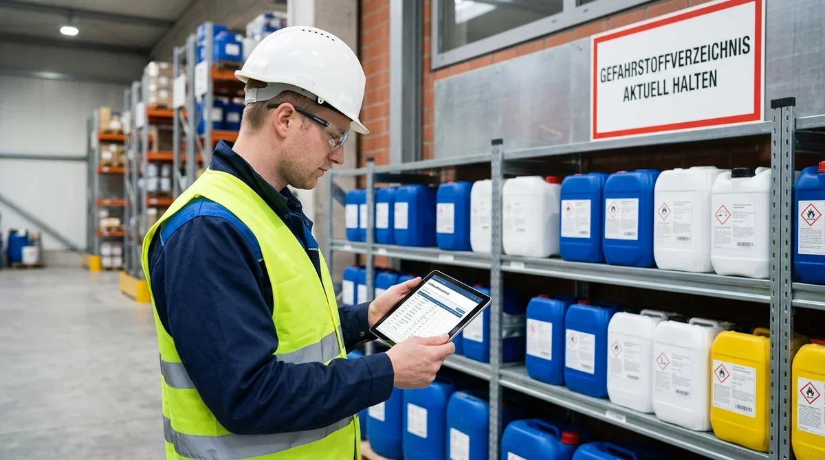 Fachkraft für Arbeitssicherheit dokumentiert Gefahrstoffe digital auf einem Tablet im Lager
