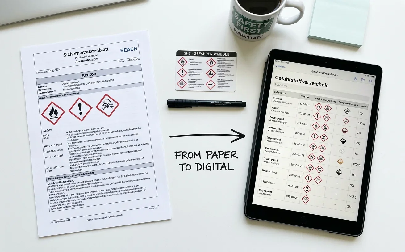Sicherheitsdatenblatt neben einem digitalen Gefahrstoffverzeichnis auf einem Tablet