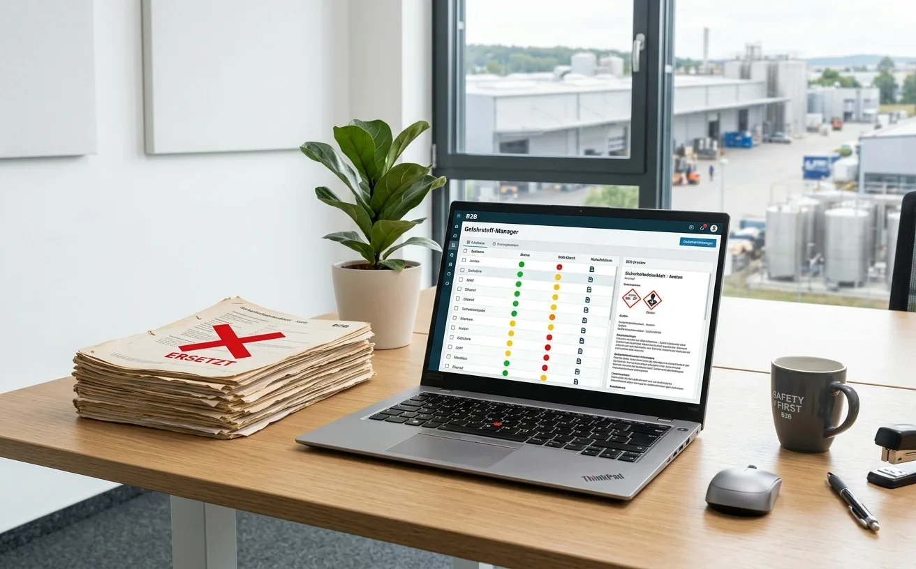 Digitale Gefahrstoffverwaltung auf einem Laptop-Bildschirm in einer Industrieumgebung
