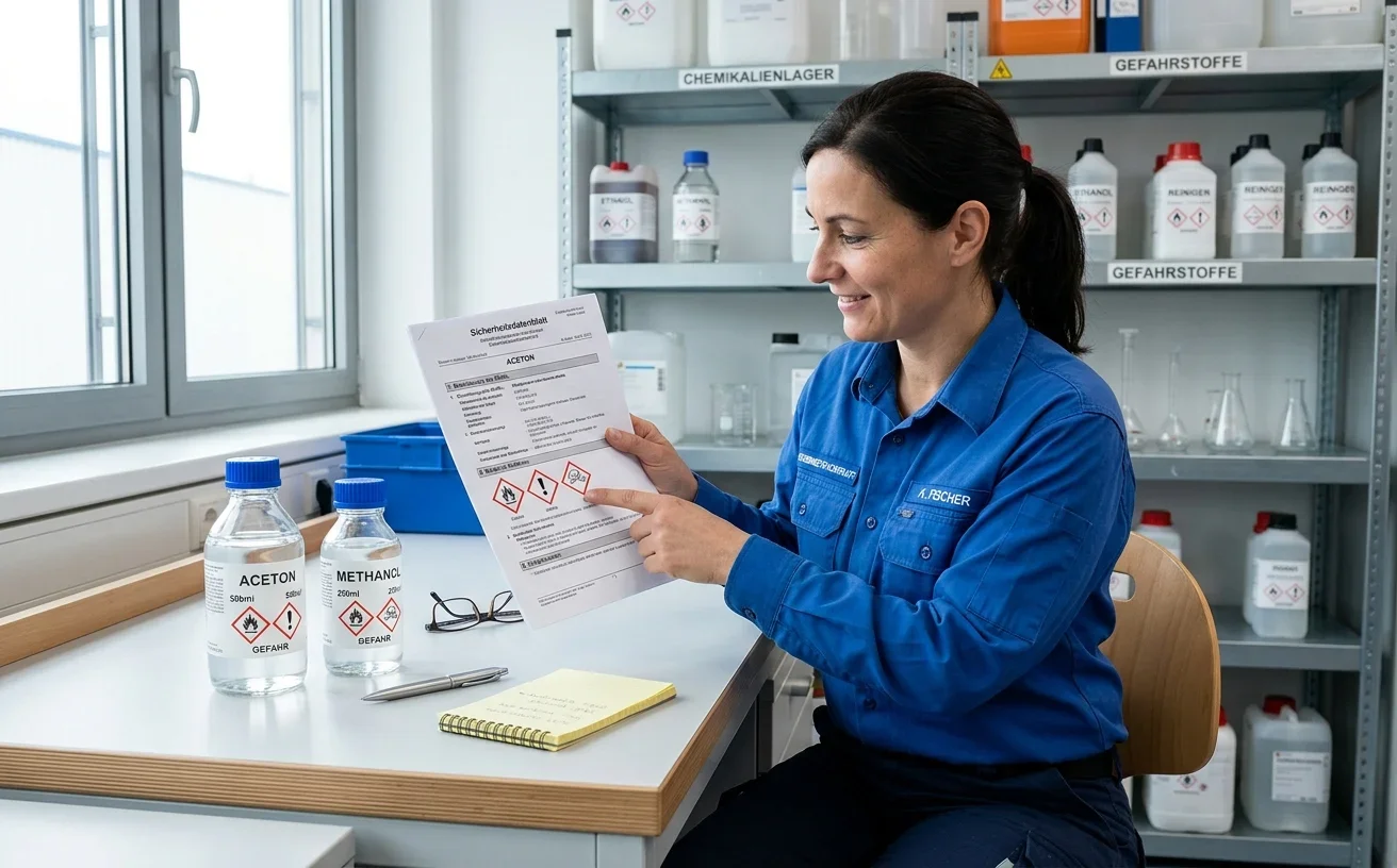 Fachkraft prüft Sicherheitsdatenblatt für EMKG-Bewertung am Arbeitsplatz