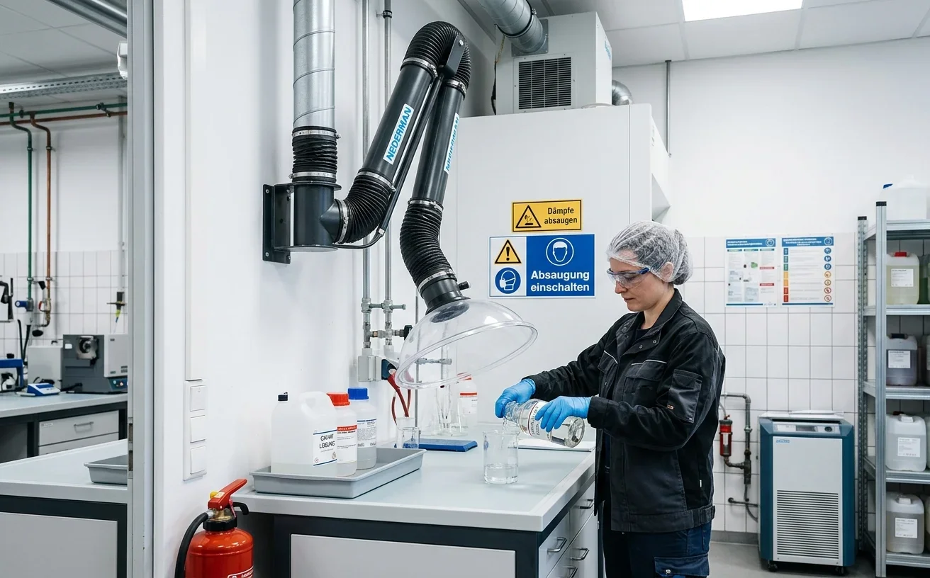 Lokale Absaugung über einem Arbeitsplatz mit Chemikalien als EMKG-Schutzmaßnahme