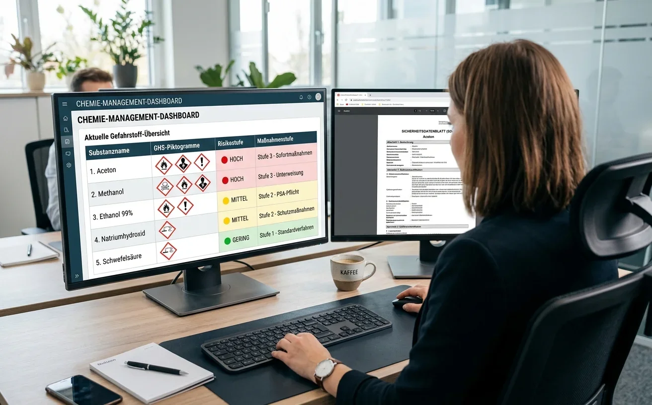 Digitale EMKG-Bewertung in einer Gefahrstoffmanagement-Software auf einem Bildschirm