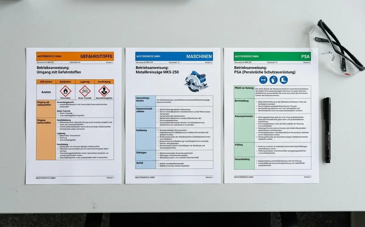 Farbcodierte Betriebsanweisung mit den sieben Pflichtabschnitten nach TRGS 555