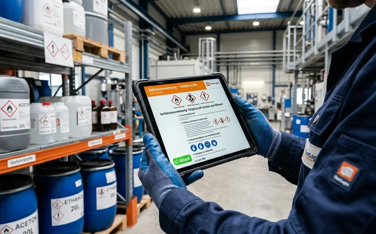 Digitale Betriebsanweisung auf einem Tablet in einer Produktionshalle