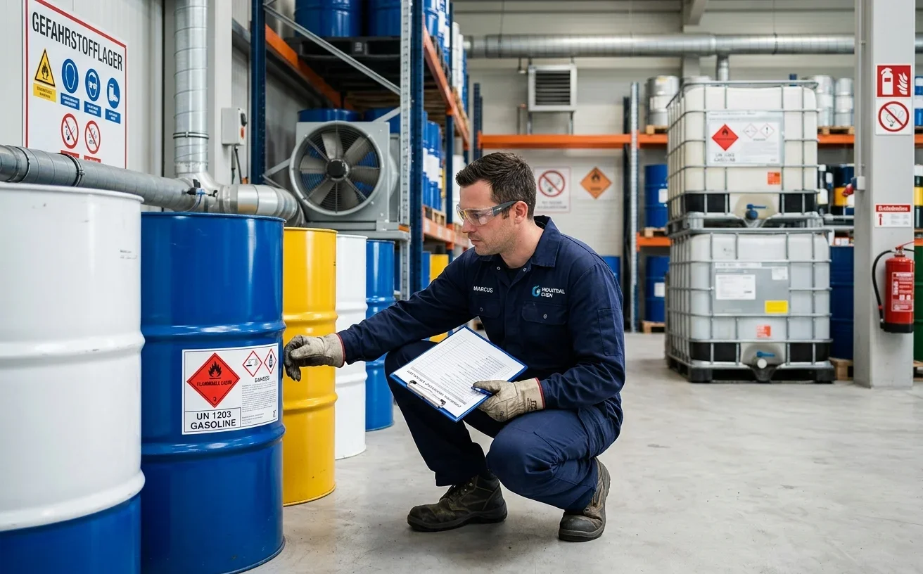 Gefahrstoffbeauftragter prüft GHS-Kennzeichnung an Chemikalienbehältern