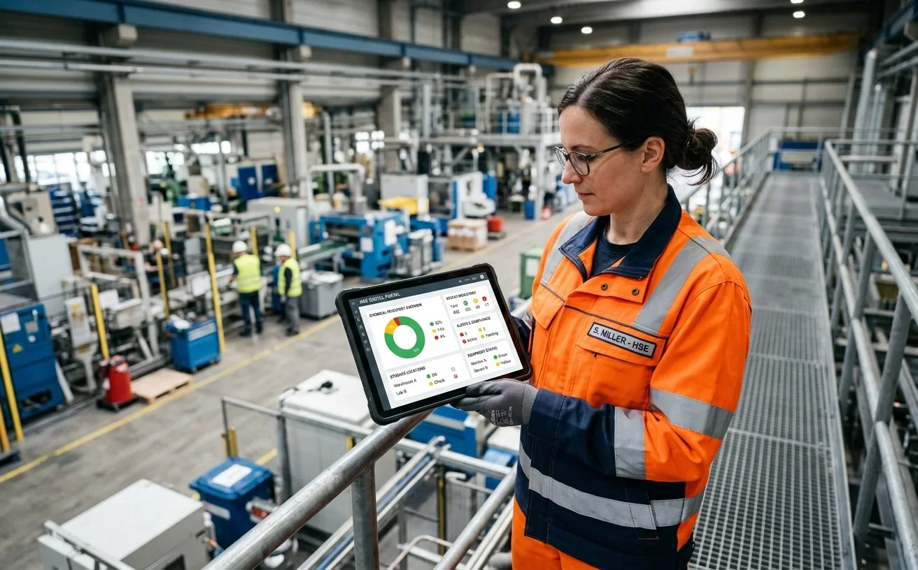 Digitales Gefahrstoffmanagement auf Tablet in Produktionshalle