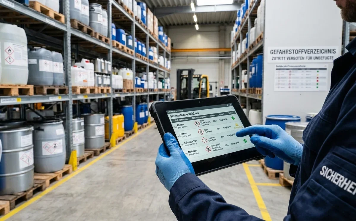 Digitales Gefahrstoffverzeichnis auf einem Tablet im Industrieumfeld