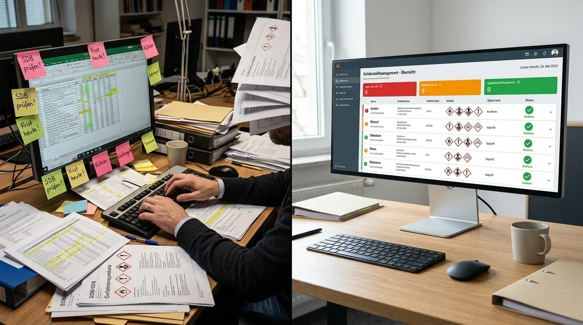 Vergleich: Excel-Chaos mit Gefahrstofflisten vs. übersichtliche Gefahrstoff-Software