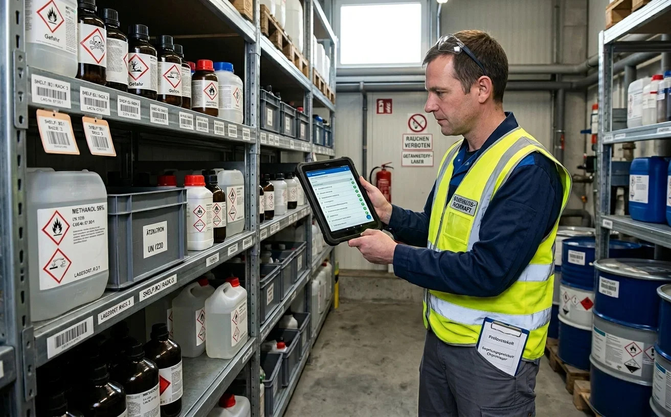 Fachkraft für Arbeitssicherheit prüft Gefahrstoff-Software auf einem Tablet im Lager