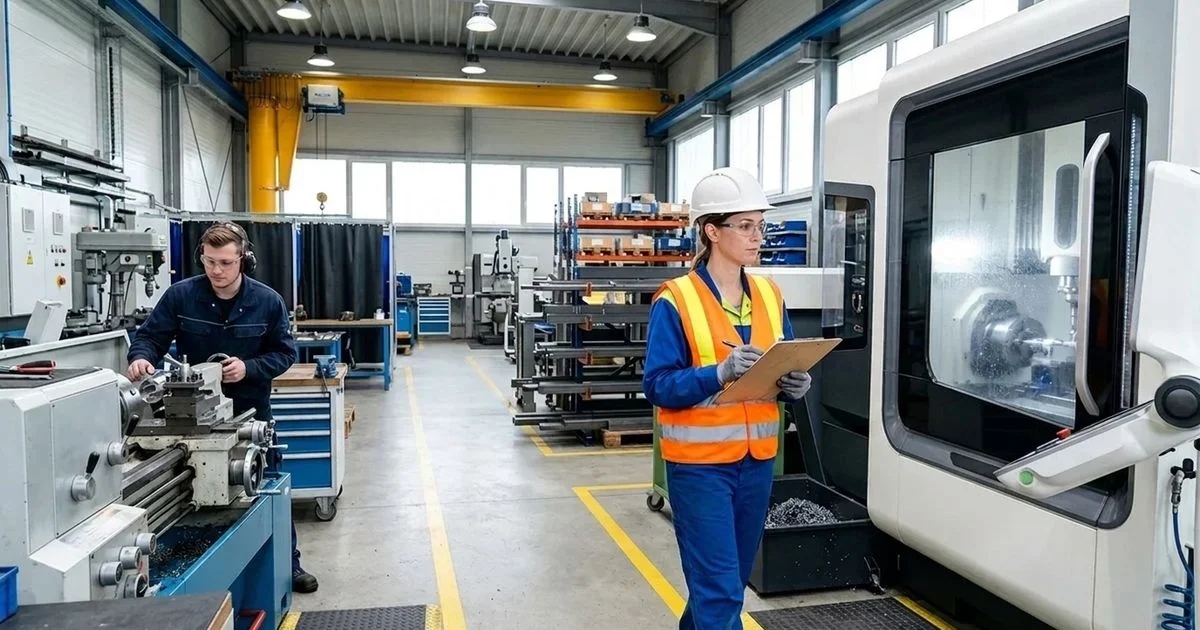 Fachkraft für Arbeitssicherheit bei der Begehung einer Werkstatt mit Checkliste
