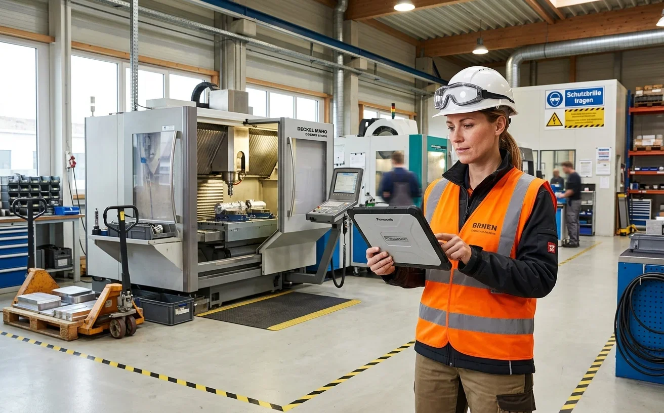 Sicherheitsbegehung in einer Werkstatt mit Checkliste zur Gefährdungsbeurteilung