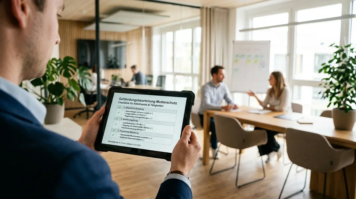 Arbeitgeber dokumentiert Gefährdungsbeurteilung Mutterschutz digital auf dem Tablet