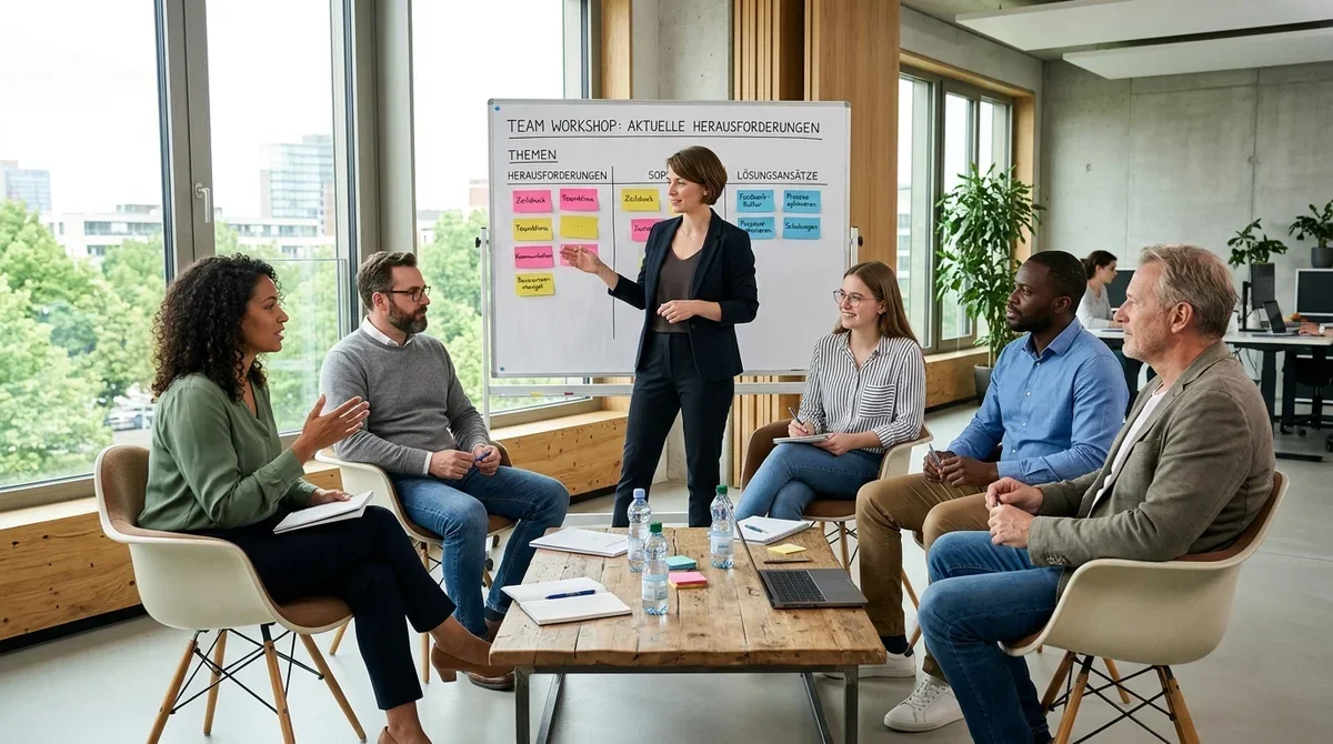 Team-Workshop zur Erfassung psychischer Belastungen am Arbeitsplatz mit Moderator und Whiteboard