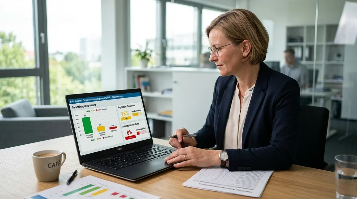 Fachkraft prüft Ergebnisse der psychischen Gefährdungsbeurteilung am Laptop mit Ampel-Dashboard