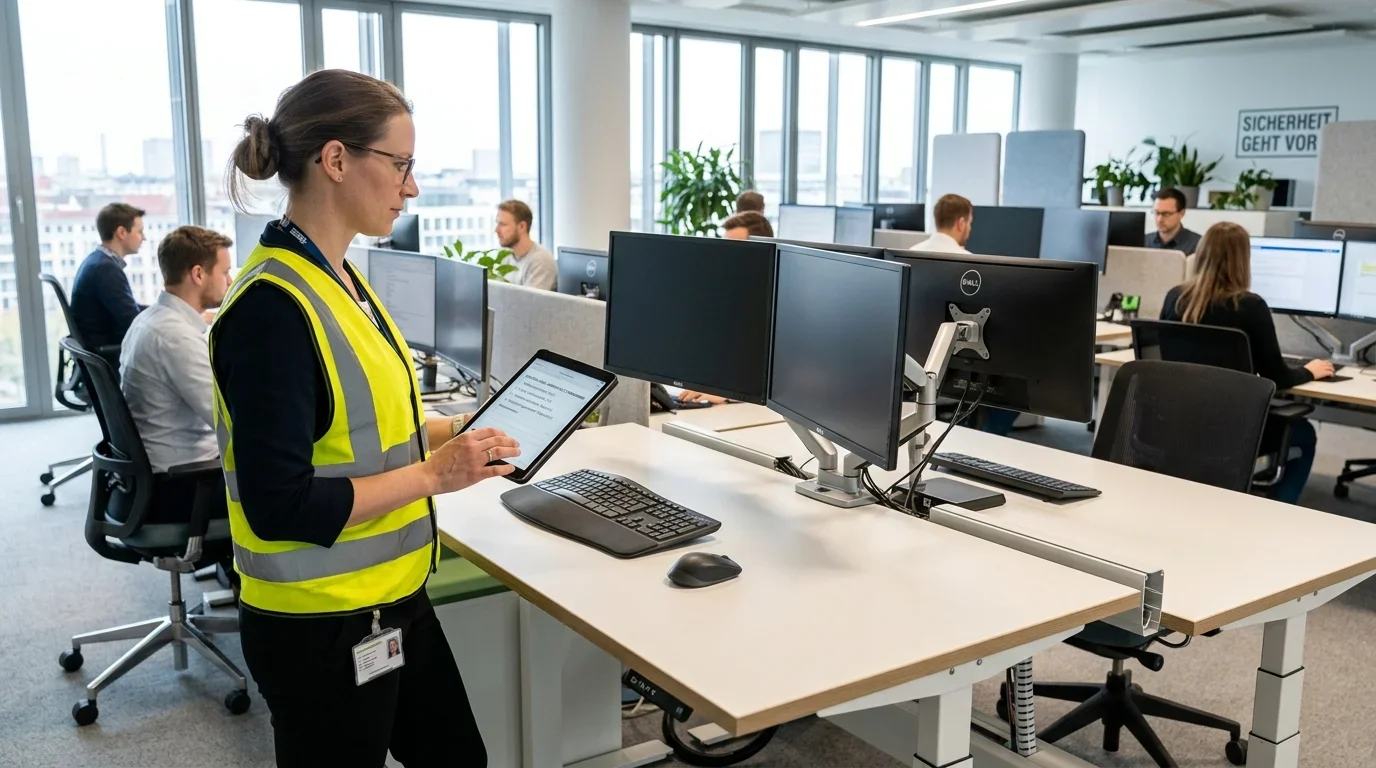 Fachkraft für Arbeitssicherheit bei der Arbeitsplatzbegehung im Großraumbüro mit Tablet-Checkliste