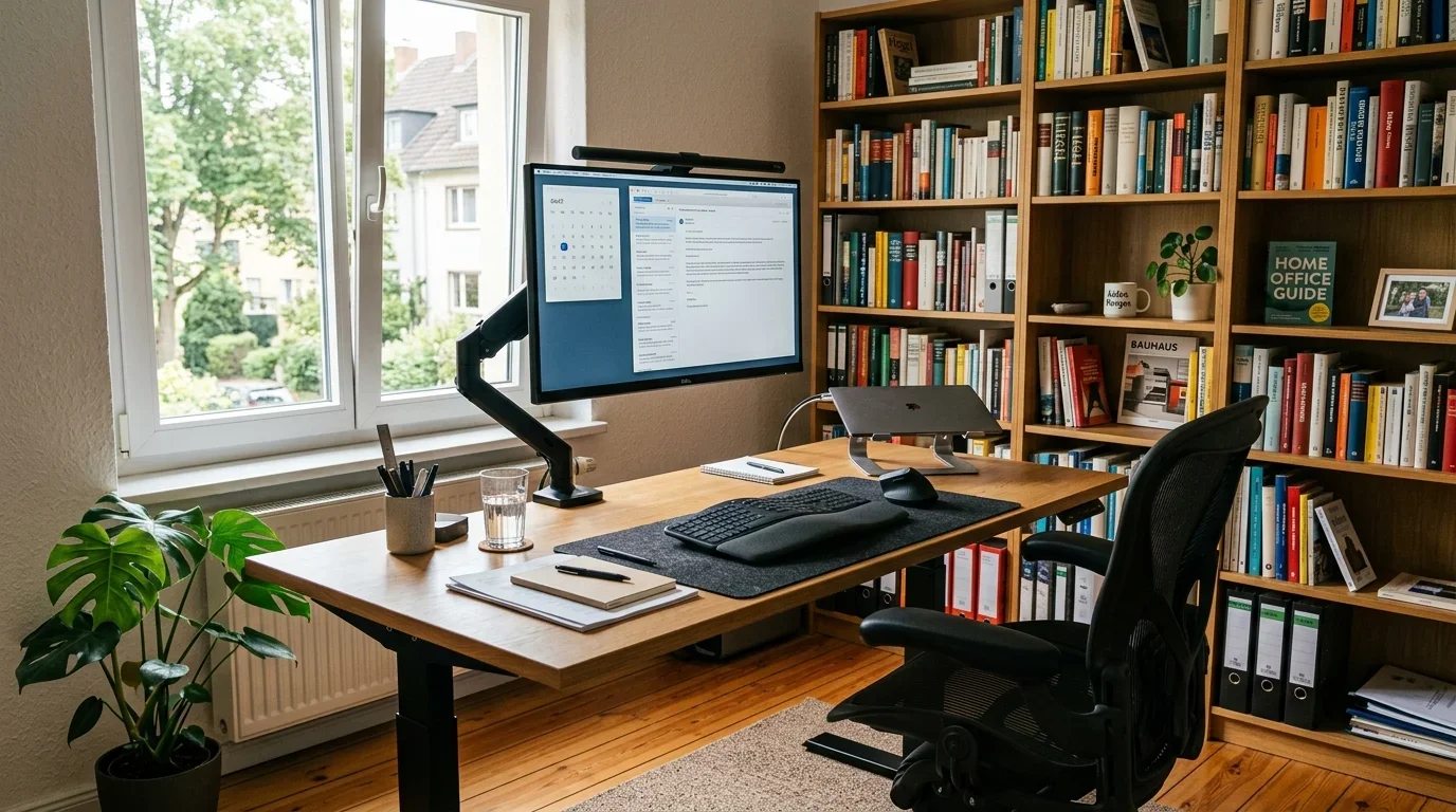 Ergonomisch eingerichteter Homeoffice-Arbeitsplatz mit externem Monitor und höhenverstellbarem Schreibtisch