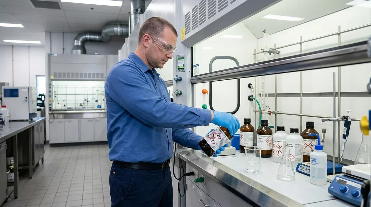 Beschäftigter mit Schutzausrüstung beim Umgang mit Gefahrstoffen am Arbeitsplatz