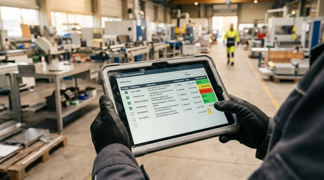 Tablet mit digitaler GBU-Checkliste und Ampelsystem in einer Produktionshalle