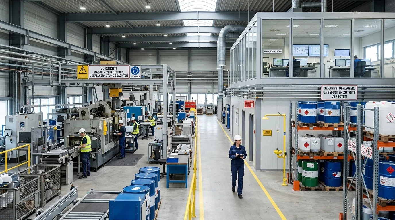 Fachkraft für Arbeitssicherheit bei der Inspektion einer Industrieanlage mit mehreren Gefährdungsbereichen