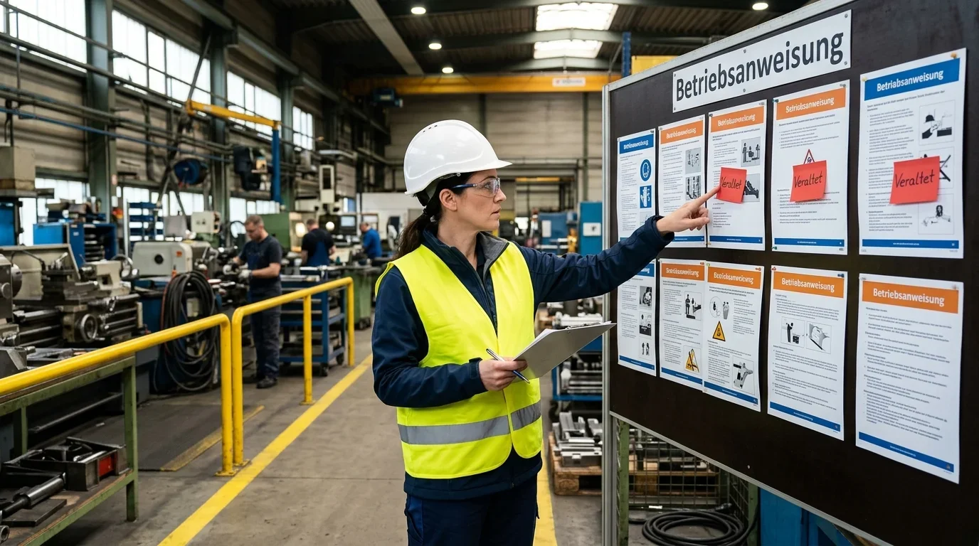 Arbeitsschutz-Audit: Inspektorin prüft ausgehängte Betriebsanweisungen in der Produktionshalle