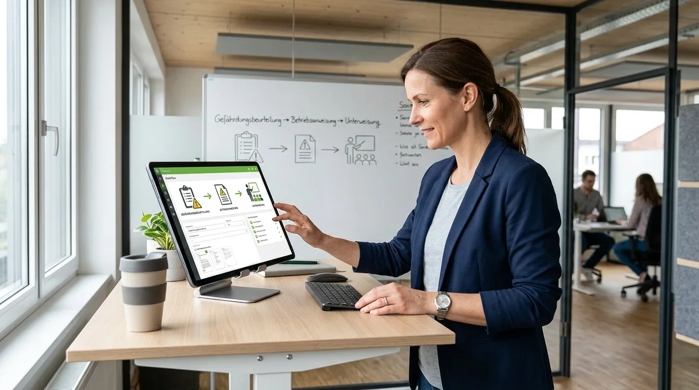 Digitaler Dreischritt: Gefährdungsbeurteilung, Betriebsanweisung und Unterweisung auf einem Tablet