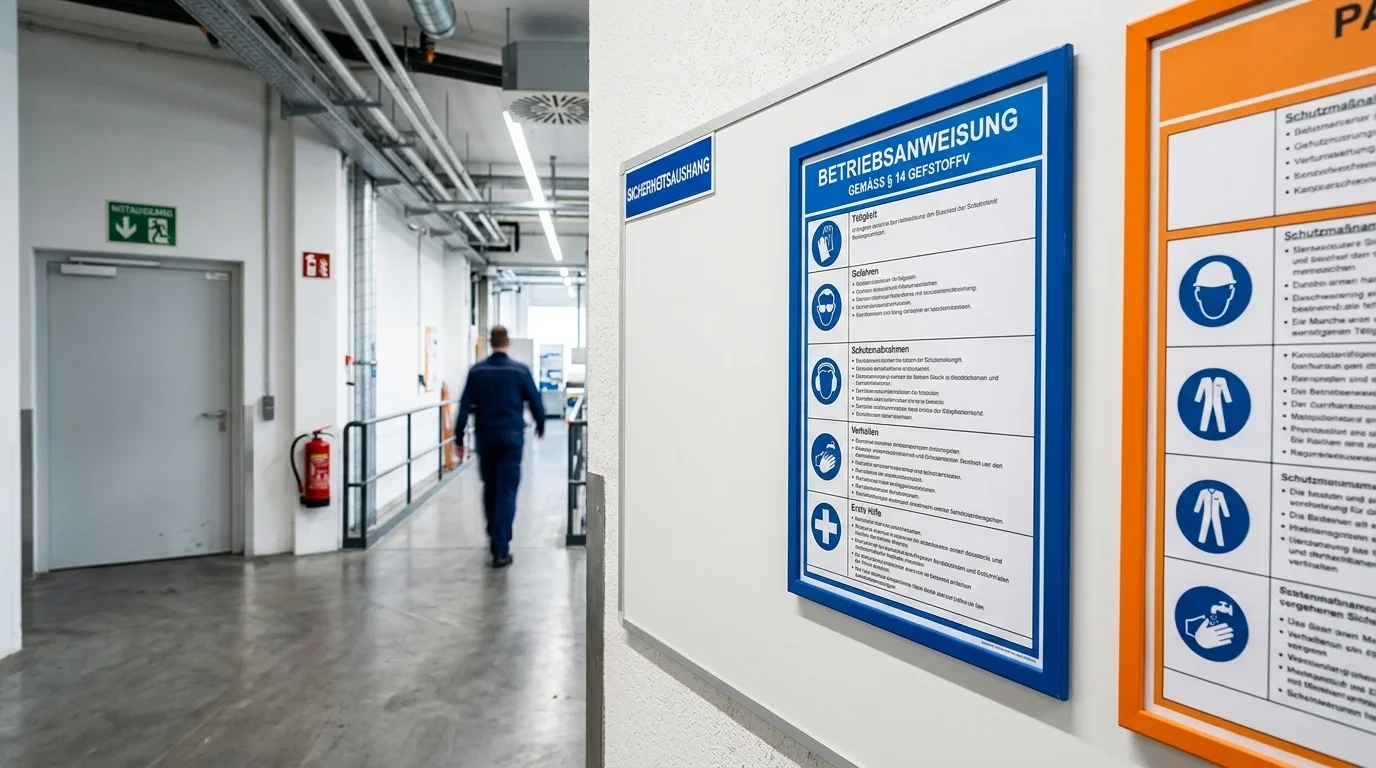 Betriebsanweisung mit blauem Rahmen als Aushang neben einer orangefarbenen Gefahrstoff-Anweisung