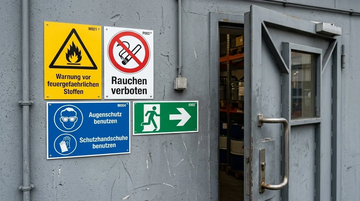 Sicherheits- und Gefahrenkennzeichnung am Eingang eines Gefahrstofflagers: Warnzeichen, Verbotszeichen und PSA-Gebotsschilder