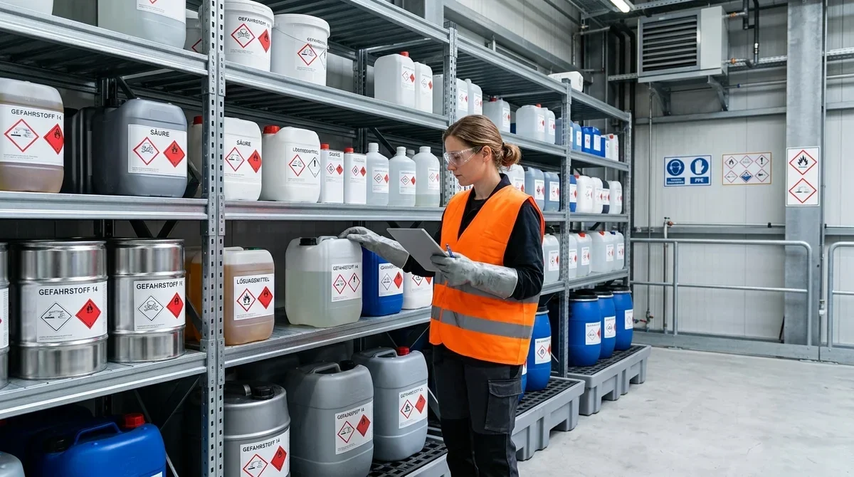 Fachkraft für Arbeitssicherheit prüft Gefahrstoffbehälter mit GHS-Kennzeichnung im Lager