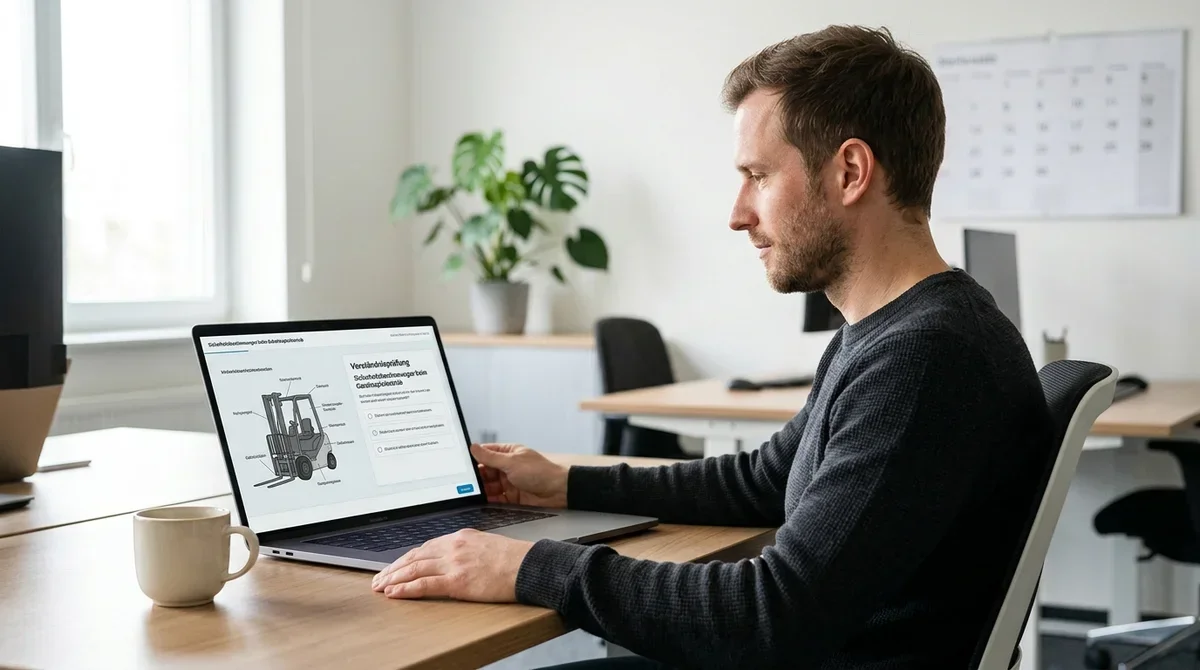 Mitarbeiter bearbeitet Online-Unterweisung mit Verständnisprüfung am Laptop