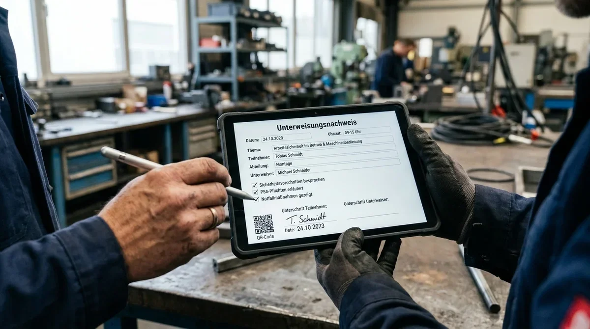 Digitaler Unterweisungsnachweis mit QR-Code und Signatur auf einem Tablet