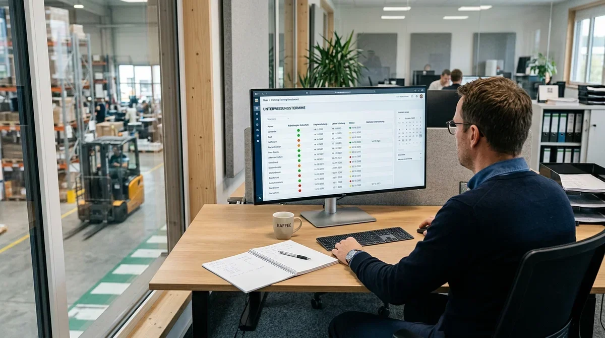 Logistikleiter überwacht Unterweisungstermine seiner Staplerfahrer auf einem Software-Dashboard mit Ampelsystem