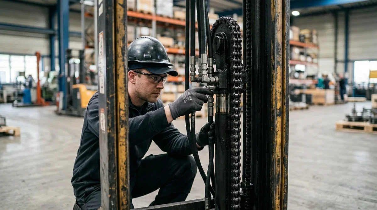 Prüfumfang der wiederkehrenden Prüfung: befähigte Person inspiziert Hydraulik und Hubkette am Gabelstapler