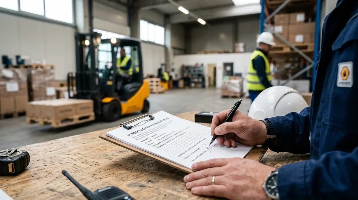 Schriftliche Beauftragung: Arbeitgeber unterschreibt den Fahrauftrag für einen Staplerfahrer