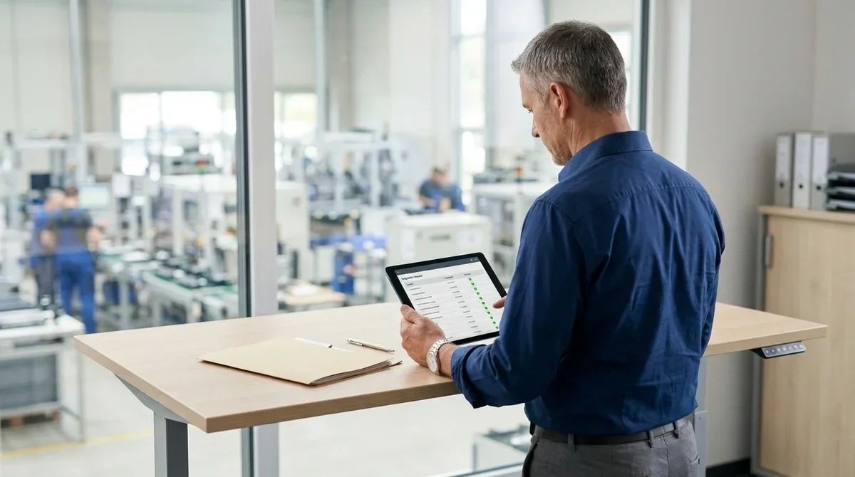 Betriebsleiter prüft digitale Prüfnachweise für Arbeitsmittel auf einem Tablet