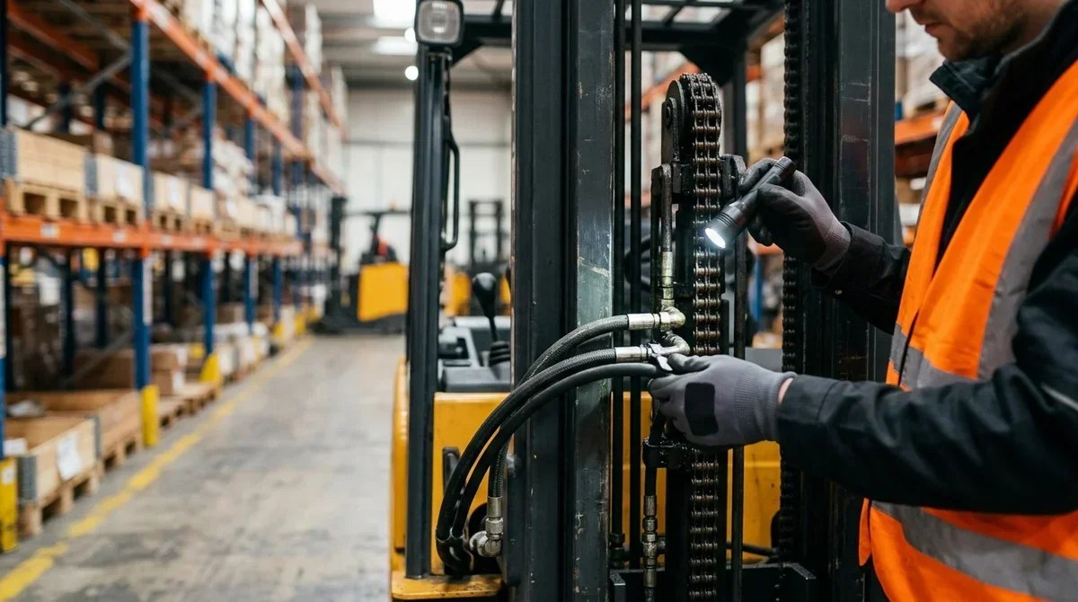 Techniker prüft Hydraulik und Mastkette eines Elektro-Gabelstaplers — jährlicher Richtwert nach TRBS 1201
