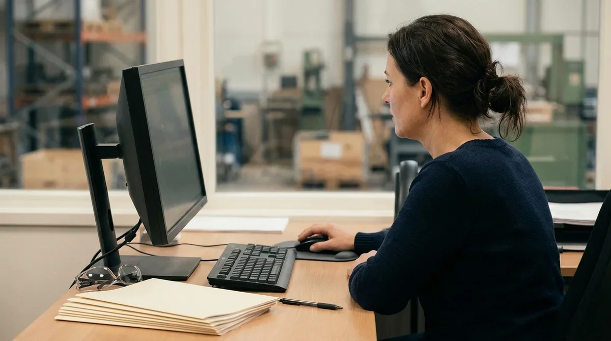 Mitarbeiterin pflegt das Prüfkataster der Arbeitsmittel am Bildschirm neben der Werkstatt
