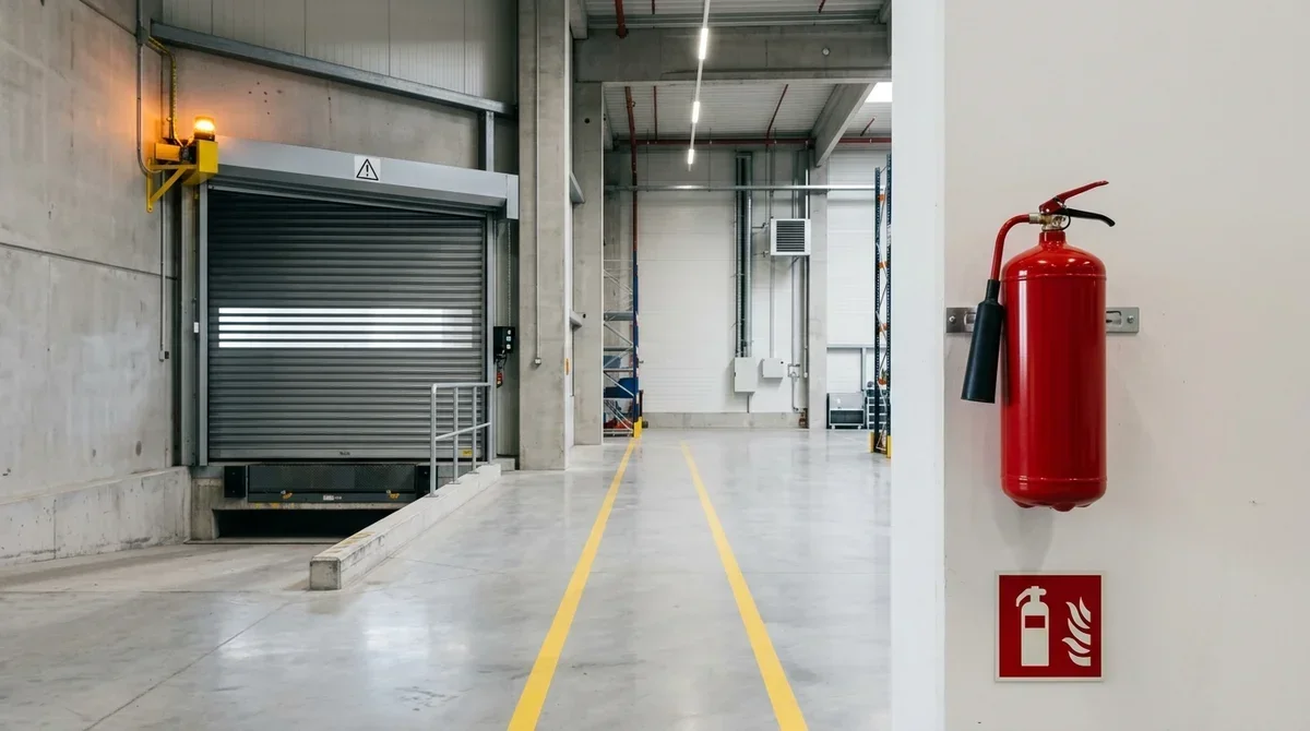 Kraftbetätigtes Rolltor und Feuerlöscher in einer Halle — zwei Grenzfälle mit eigenem Prüfregime